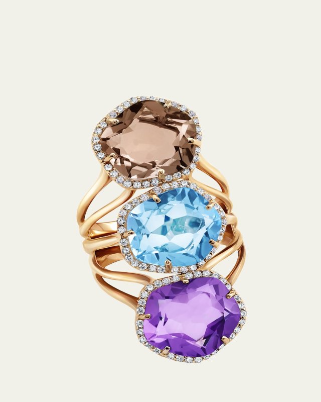18K Gold Smokey Quartz, Blue Topaz and Amethyst Dora Ring